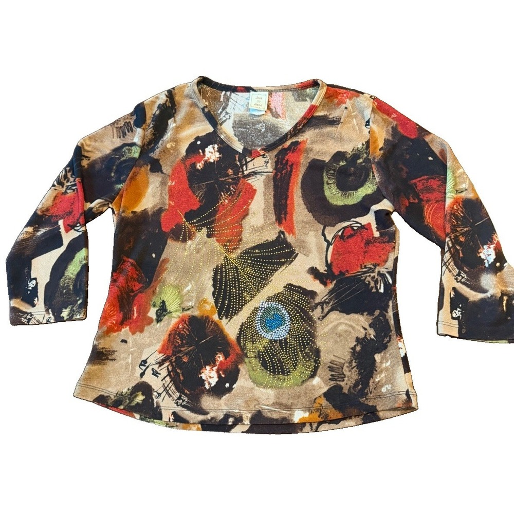 Jess & Jane Garden Trail Small Rhinestone Abstract Art Top USA 3/4 Sleeve